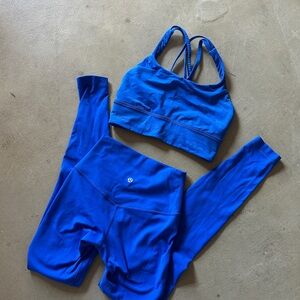 Blue Lululemon leggings + bra workout set